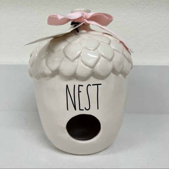 Rae Dunn NEST Acorn Glazed Ceramic Birdhouse w/ Pink Ribbon Autumn Fall Decor - Picture 6 of 6